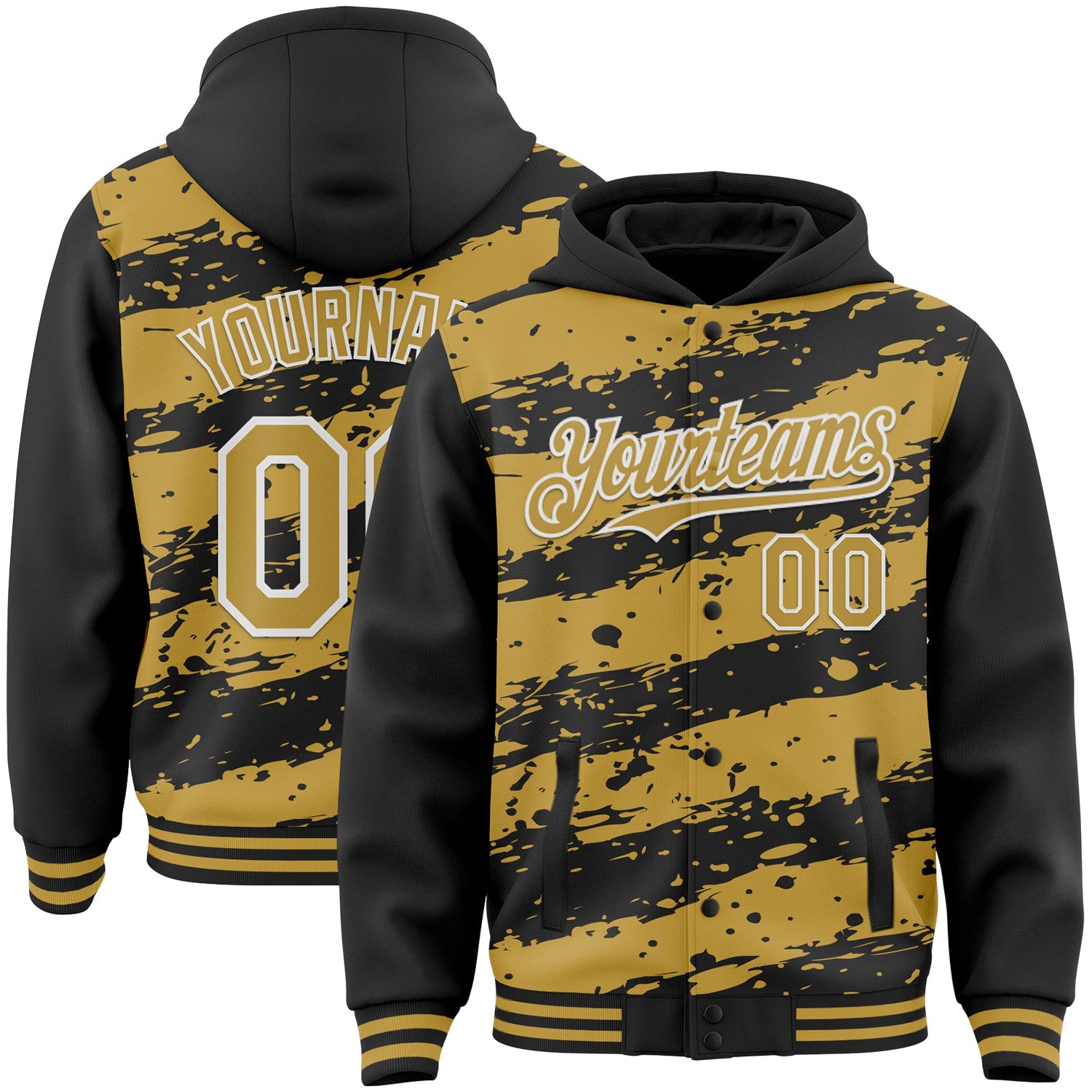 Custom Black Old Gold-White Splash 3D Pattern Design Bomber Full-Snap Varsity Letterman Hoodie Jacket - Main View