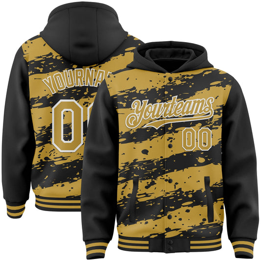 Custom Black Old Gold-White Splash 3D Pattern Design Bomber Full-Snap Varsity Letterman Hoodie Jacket - Main View