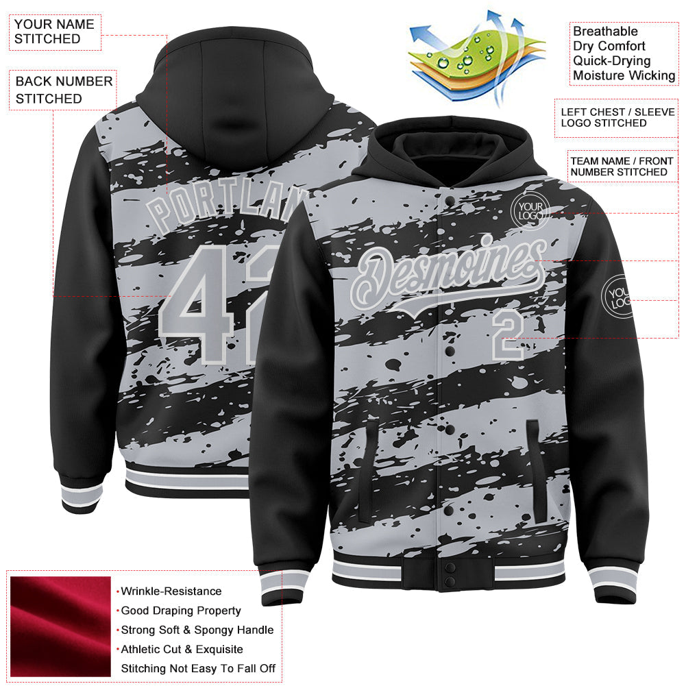 Custom Black Gray-White Splash 3D Pattern Design Bomber Full-Snap Varsity Letterman Hoodie Jacket view 4