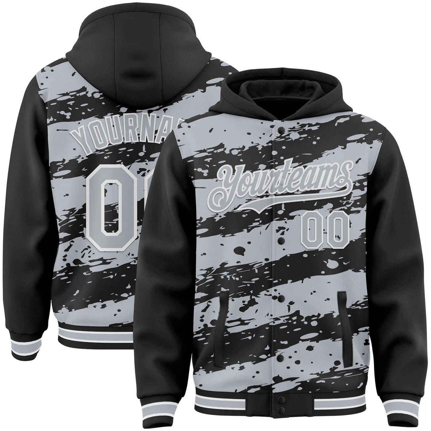 Custom Black Gray-White Splash 3D Pattern Design Bomber Full-Snap Varsity Letterman Hoodie Jacket - Main View
