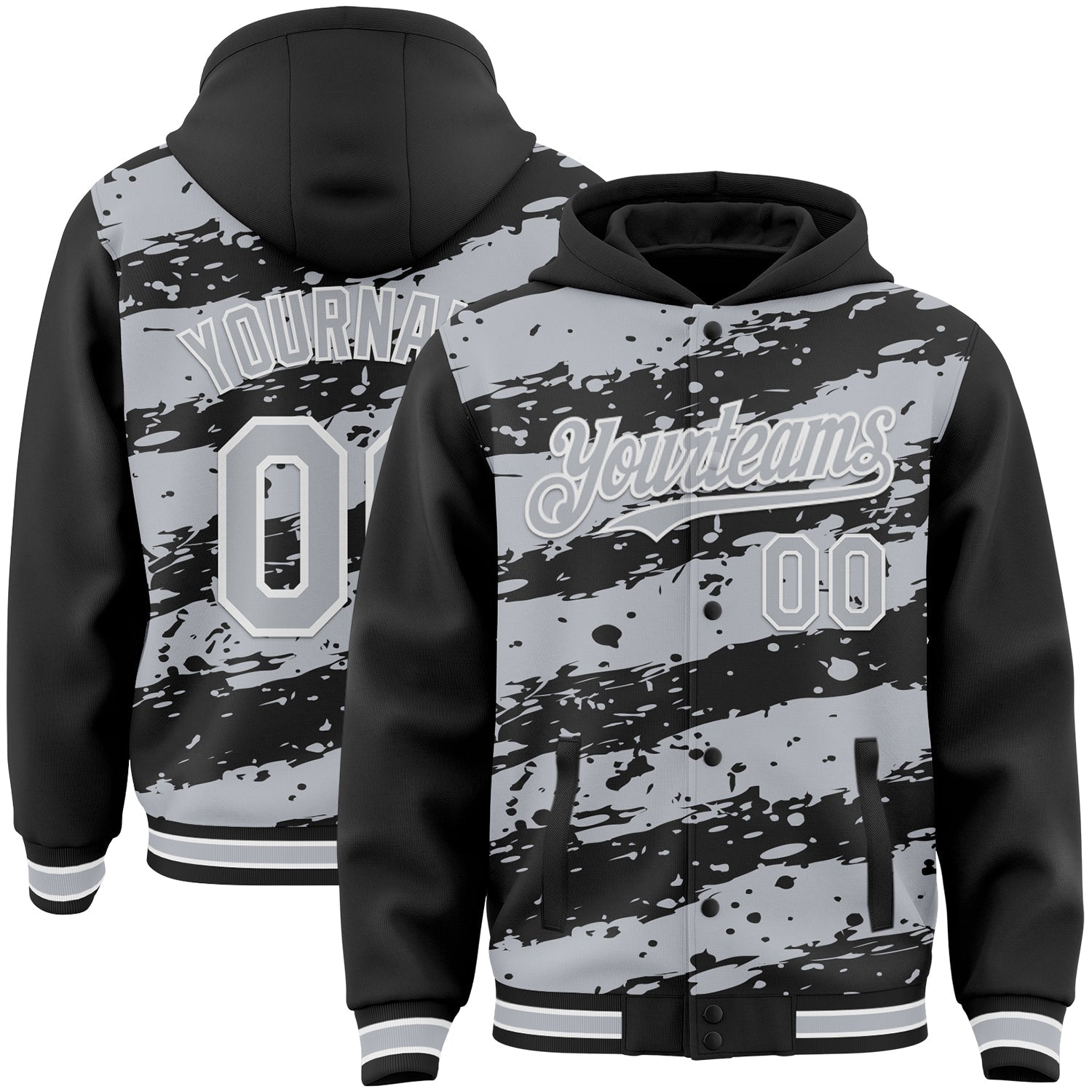 Custom Black Gray-White Splash 3D Pattern Design Bomber Full-Snap Varsity Letterman Hoodie Jacket - Main View