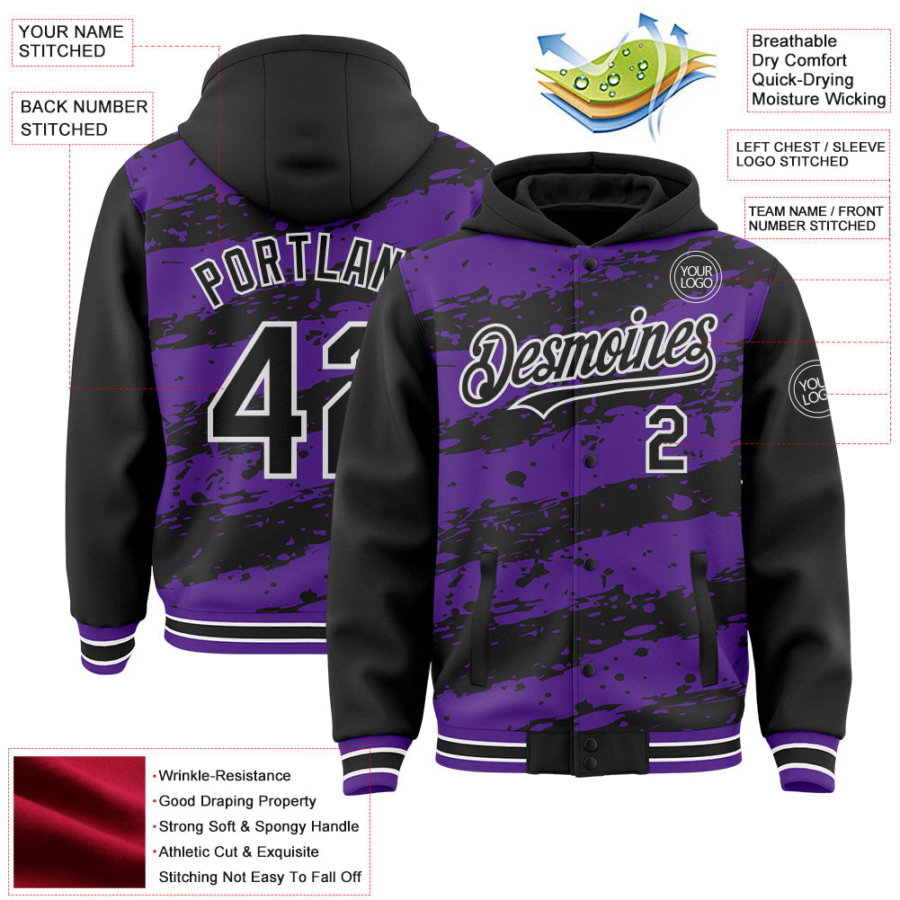 Custom Purple Black-White Splash 3D Pattern Design Bomber Full-Snap Varsity Letterman Hoodie Jacket view 4
