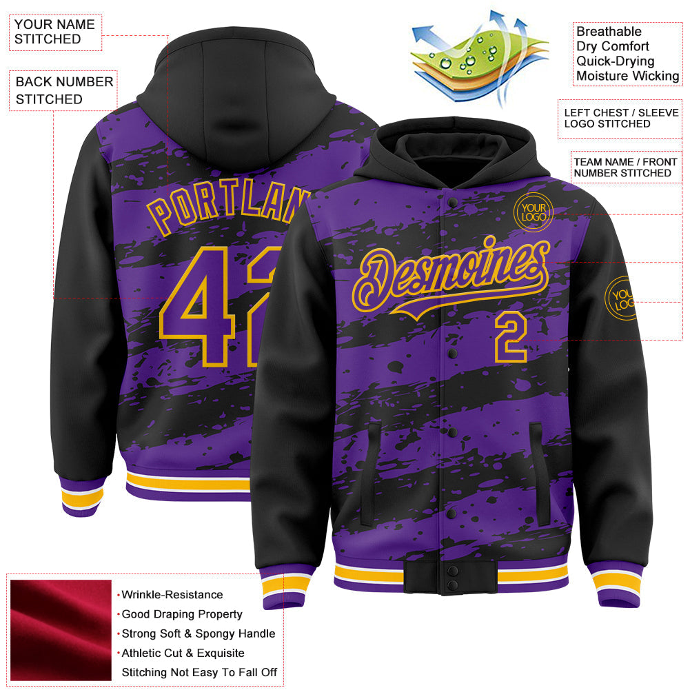 Custom Black Purple-Gold Splash 3D Pattern Design Bomber Full-Snap Varsity Letterman Hoodie Jacket view 4