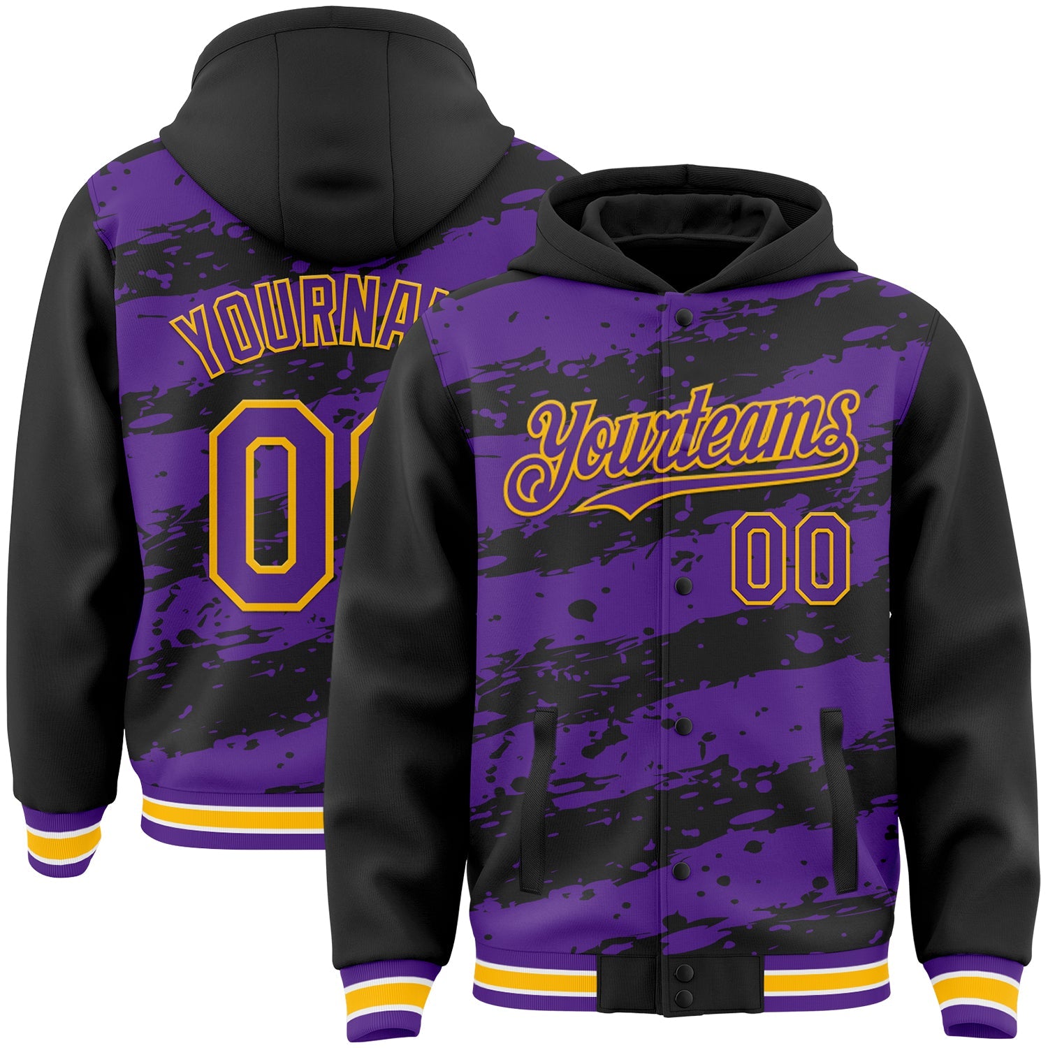 Custom Black Purple-Gold Splash 3D Pattern Design Bomber Full-Snap Varsity Letterman Hoodie Jacket - Main View