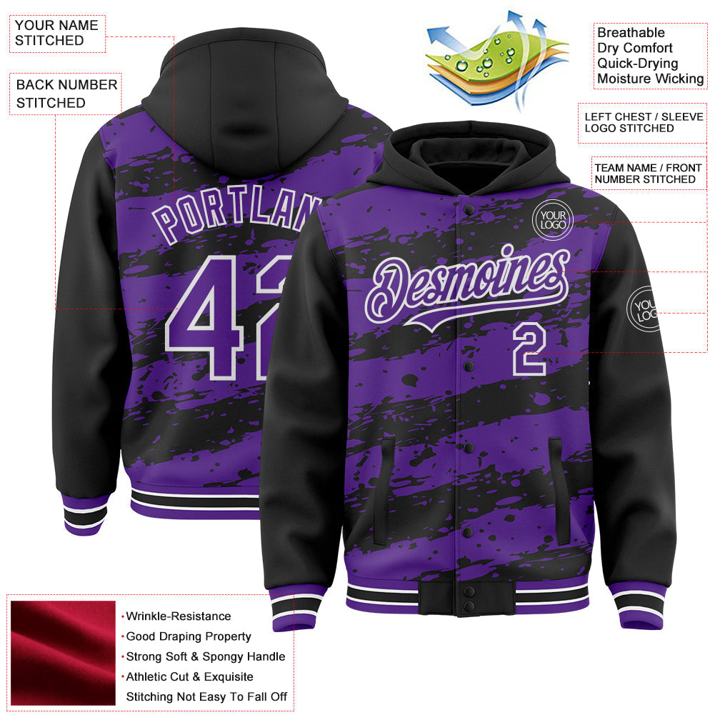 Custom Black Purple-White Splash 3D Pattern Design Bomber Full-Snap Varsity Letterman Hoodie Jacket view 4
