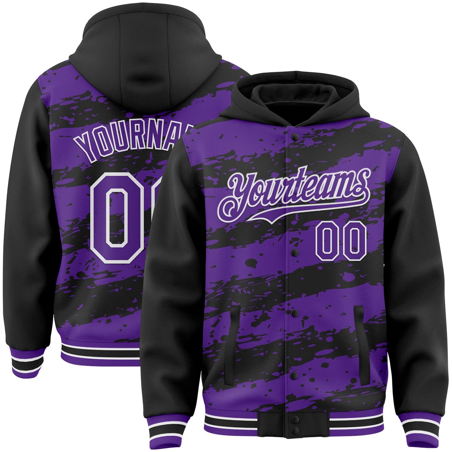 Custom Black Purple-White Splash 3D Pattern Design Bomber Full-Snap Varsity Letterman Hoodie Jacket - Main View