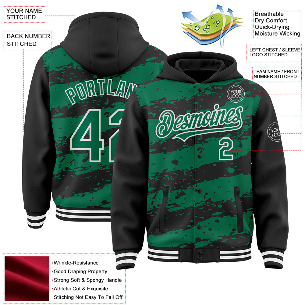 Custom Black Kelly Green-White Splash 3D Pattern Design Bomber Full-Snap Varsity Letterman Hoodie Jacket view 4