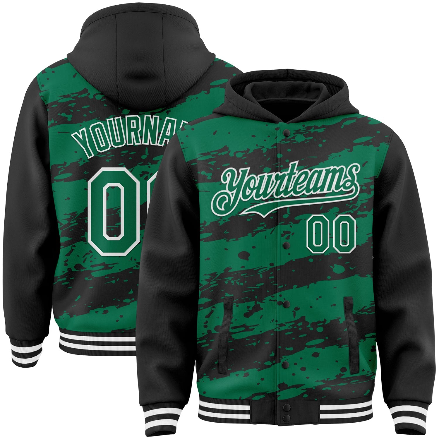 Custom Black Kelly Green-White Splash 3D Pattern Design Bomber Full-Snap Varsity Letterman Hoodie Jacket - Main View