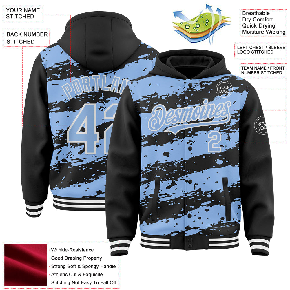 Custom Black Light Blue-White Splash 3D Pattern Design Bomber Full-Snap Varsity Letterman Hoodie Jacket view 4
