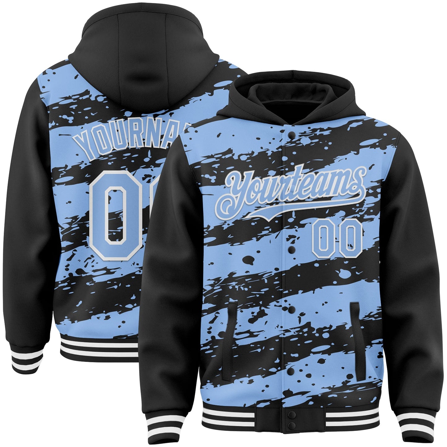 Custom Black Light Blue-White Splash 3D Pattern Design Bomber Full-Snap Varsity Letterman Hoodie Jacket - Main View