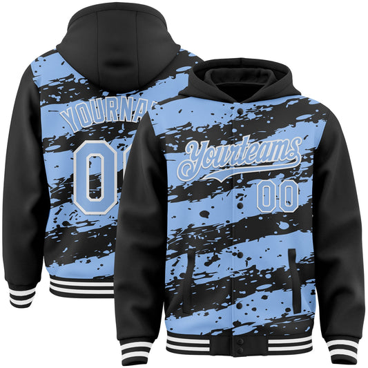 Custom Black Light Blue-White Splash 3D Pattern Design Bomber Full-Snap Varsity Letterman Hoodie Jacket - Main View