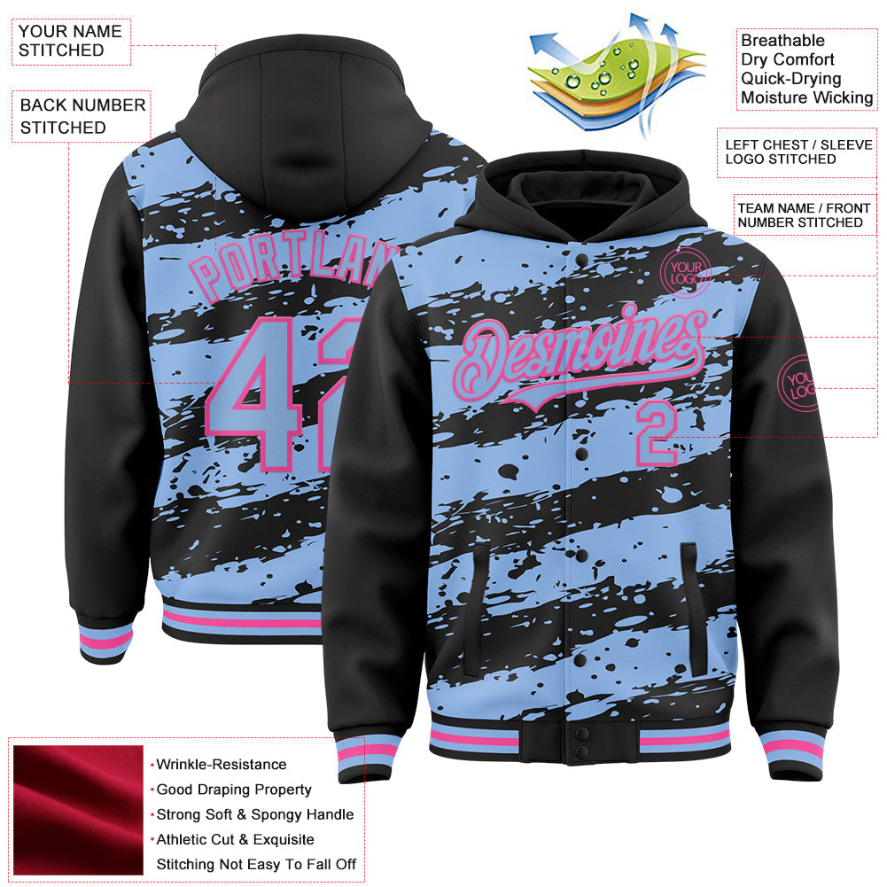 Custom Black Light Blue-Pink Splash 3D Pattern Design Bomber Full-Snap Varsity Letterman Hoodie Jacket view 4
