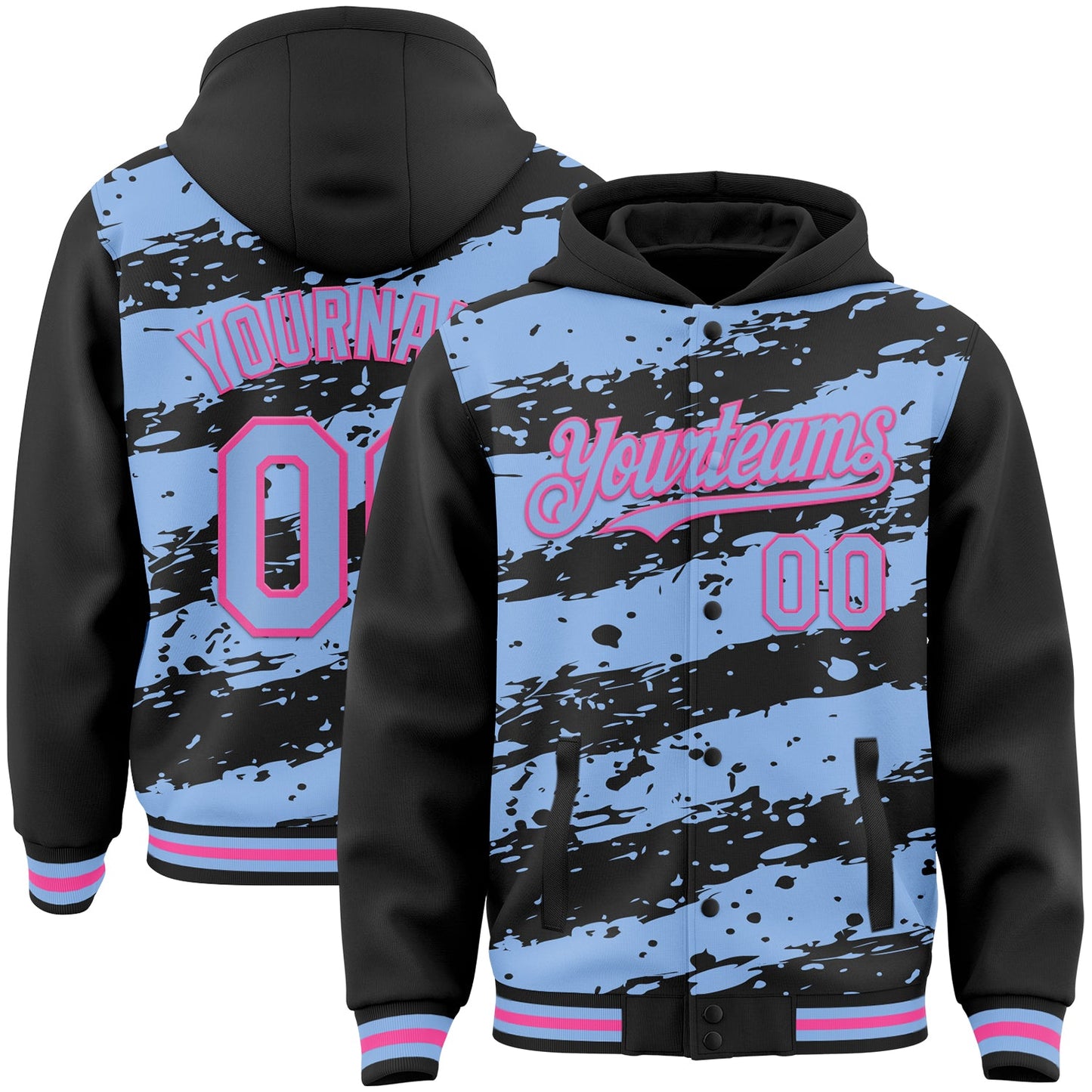 Custom Black Light Blue-Pink Splash 3D Pattern Design Bomber Full-Snap Varsity Letterman Hoodie Jacket - Main View