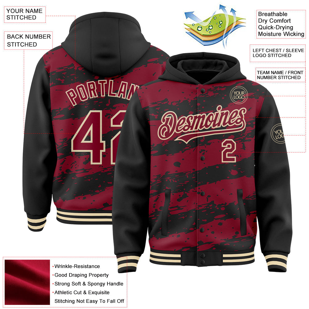 Custom Black Crimson-Cream Splash 3D Pattern Design Bomber Full-Snap Varsity Letterman Hoodie Jacket view 4
