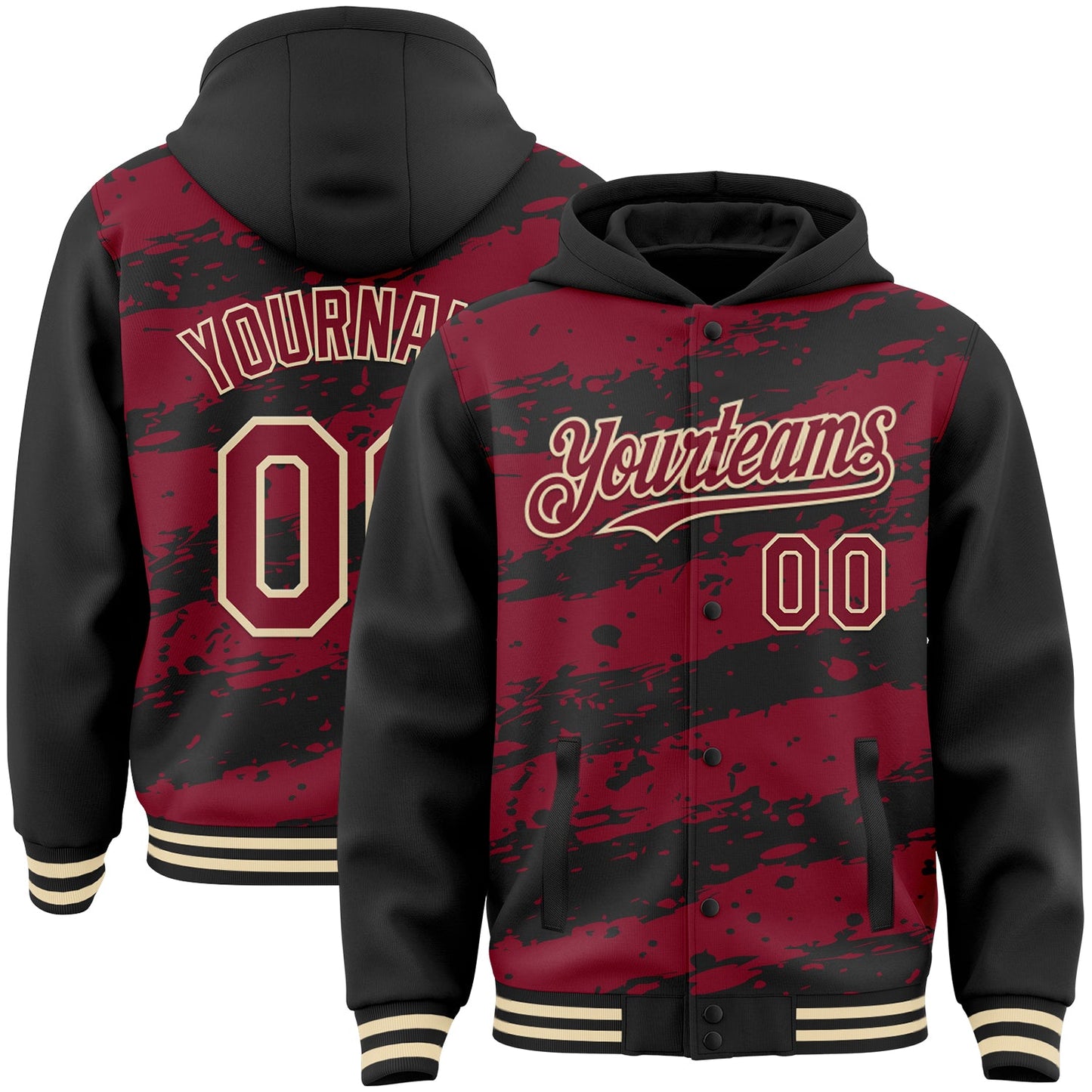 Custom Black Crimson-Cream Splash 3D Pattern Design Bomber Full-Snap Varsity Letterman Hoodie Jacket - Main View