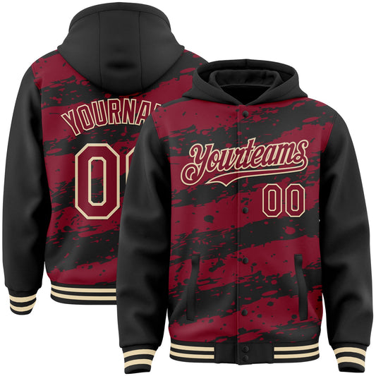 Custom Black Crimson-Cream Splash 3D Pattern Design Bomber Full-Snap Varsity Letterman Hoodie Jacket - Main View