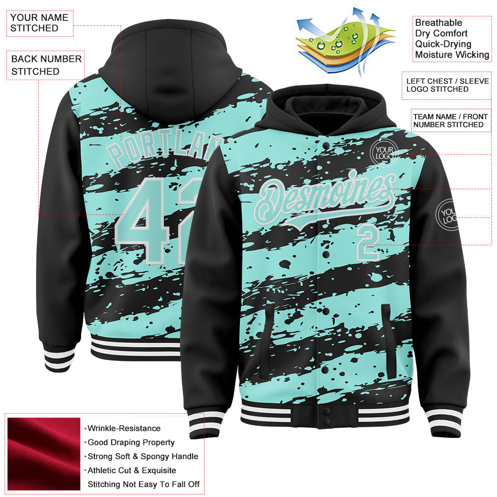 Custom Black Ice Blue-White Splash 3D Pattern Design Bomber Full-Snap Varsity Letterman Hoodie Jacket view 4
