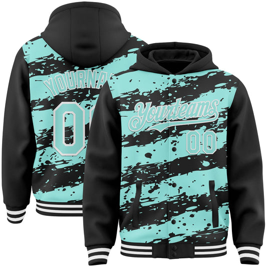 Custom Black Ice Blue-White Splash 3D Pattern Design Bomber Full-Snap Varsity Letterman Hoodie Jacket - Main View