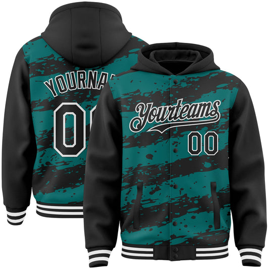 Custom Teal Black-White Splash 3D Pattern Design Bomber Full-Snap Varsity Letterman Hoodie Jacket - Main View