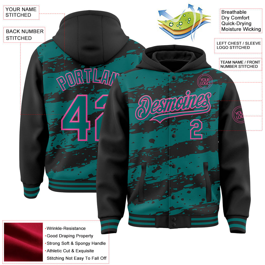 Custom Black Teal-Pink Splash 3D Pattern Design Bomber Full-Snap Varsity Letterman Hoodie Jacket view 4
