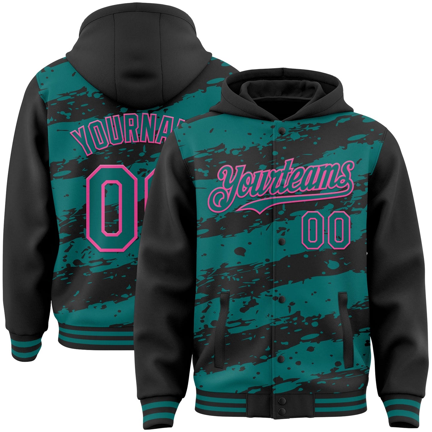 Custom Black Teal-Pink Splash 3D Pattern Design Bomber Full-Snap Varsity Letterman Hoodie Jacket - Main View
