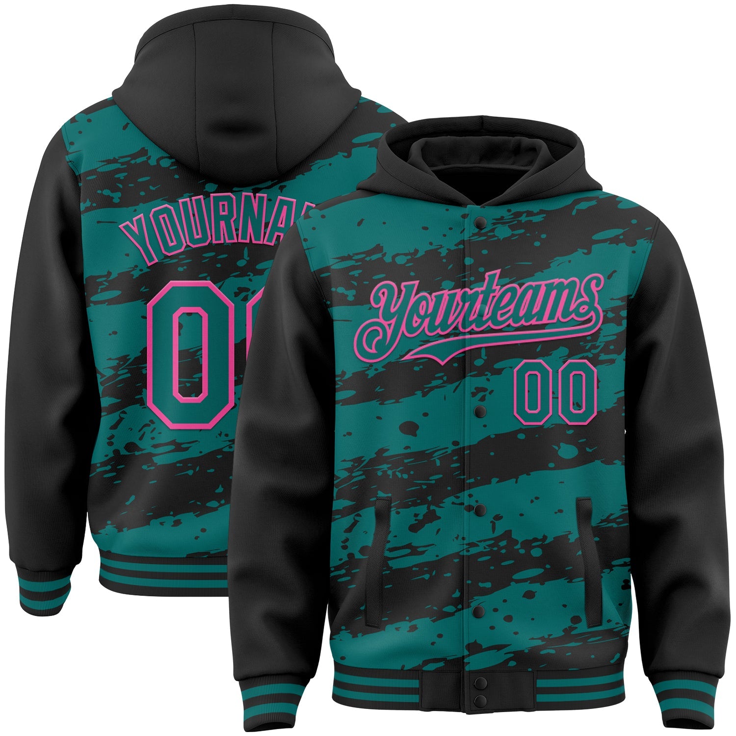 Custom Black Teal-Pink Splash 3D Pattern Design Bomber Full-Snap Varsity Letterman Hoodie Jacket - Main View