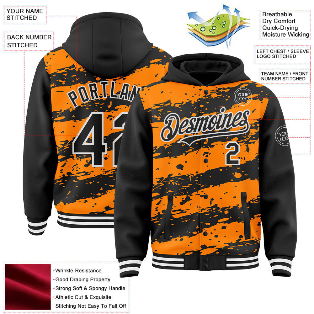 Custom Bay Orange Black-White Splash 3D Pattern Design Bomber Full-Snap Varsity Letterman Hoodie Jacket view 4