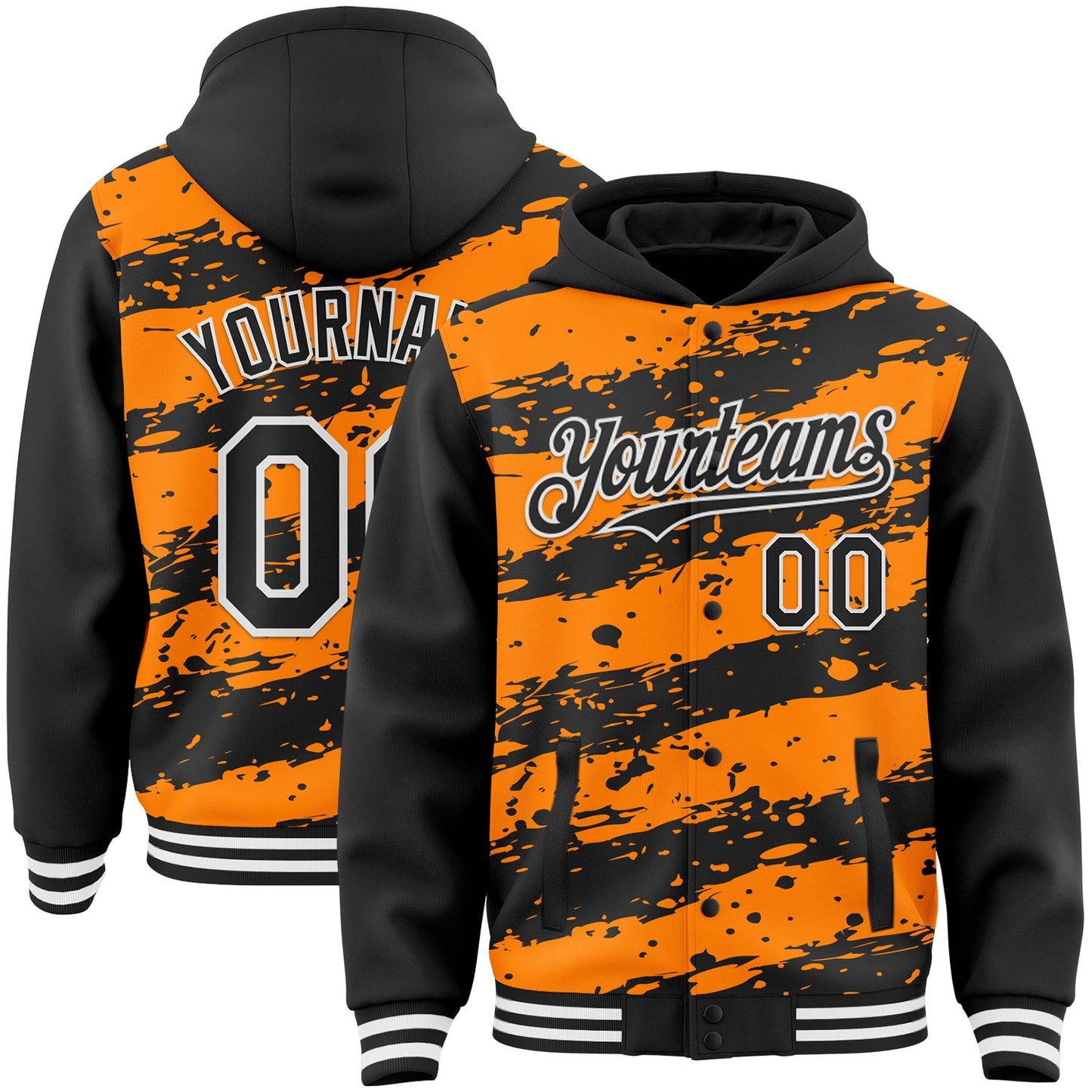 Custom Bay Orange Black-White Splash 3D Pattern Design Bomber Full-Snap Varsity Letterman Hoodie Jacket - Main View