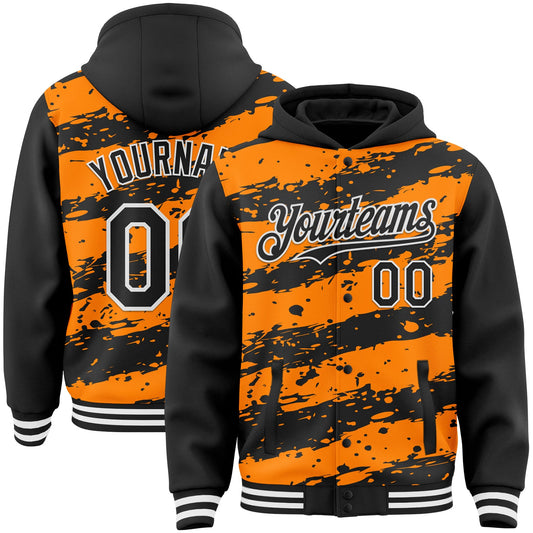Custom Bay Orange Black-White Splash 3D Pattern Design Bomber Full-Snap Varsity Letterman Hoodie Jacket - Main View