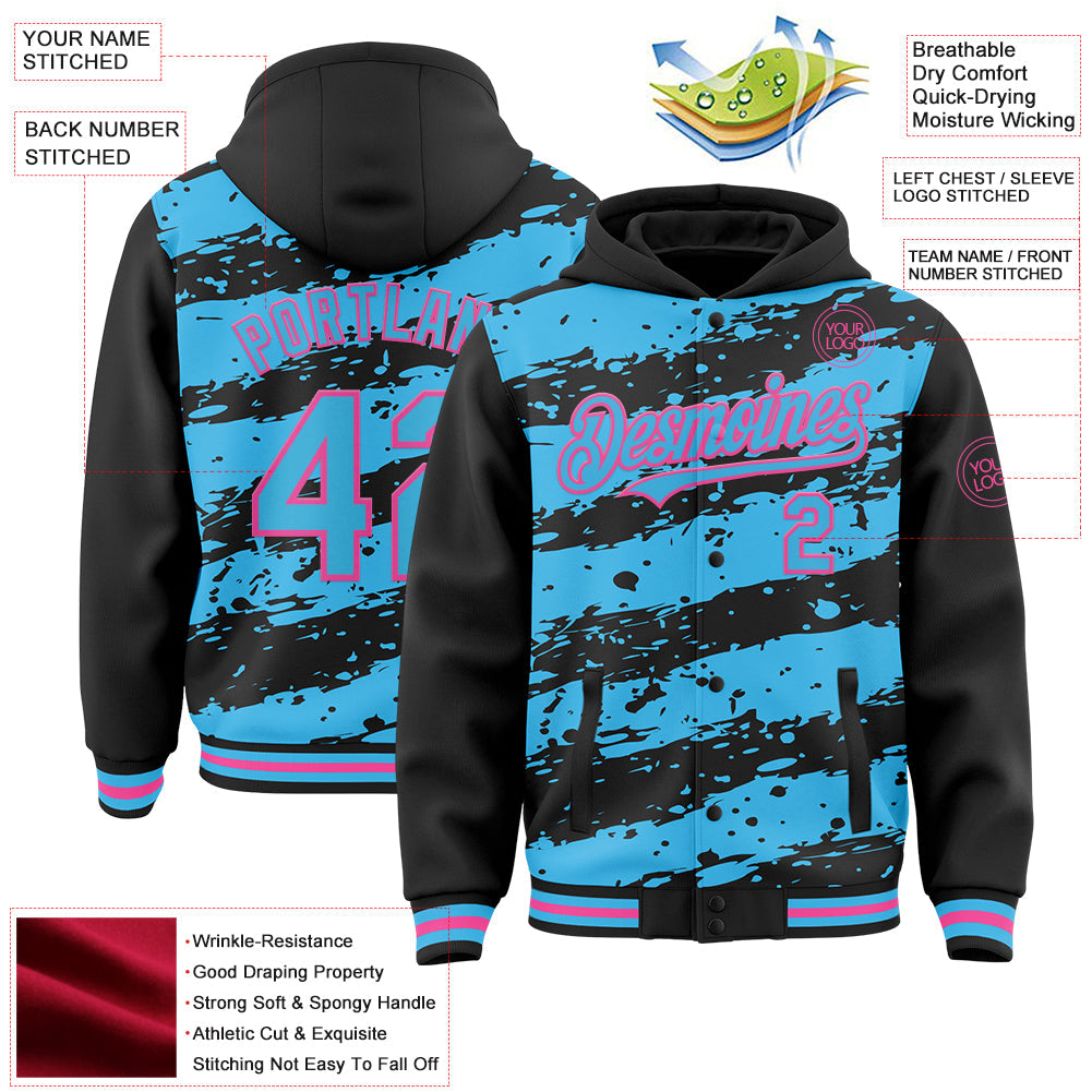 Custom Black Sky Blue-Pink Splash 3D Pattern Design Bomber Full-Snap Varsity Letterman Hoodie Jacket view 4
