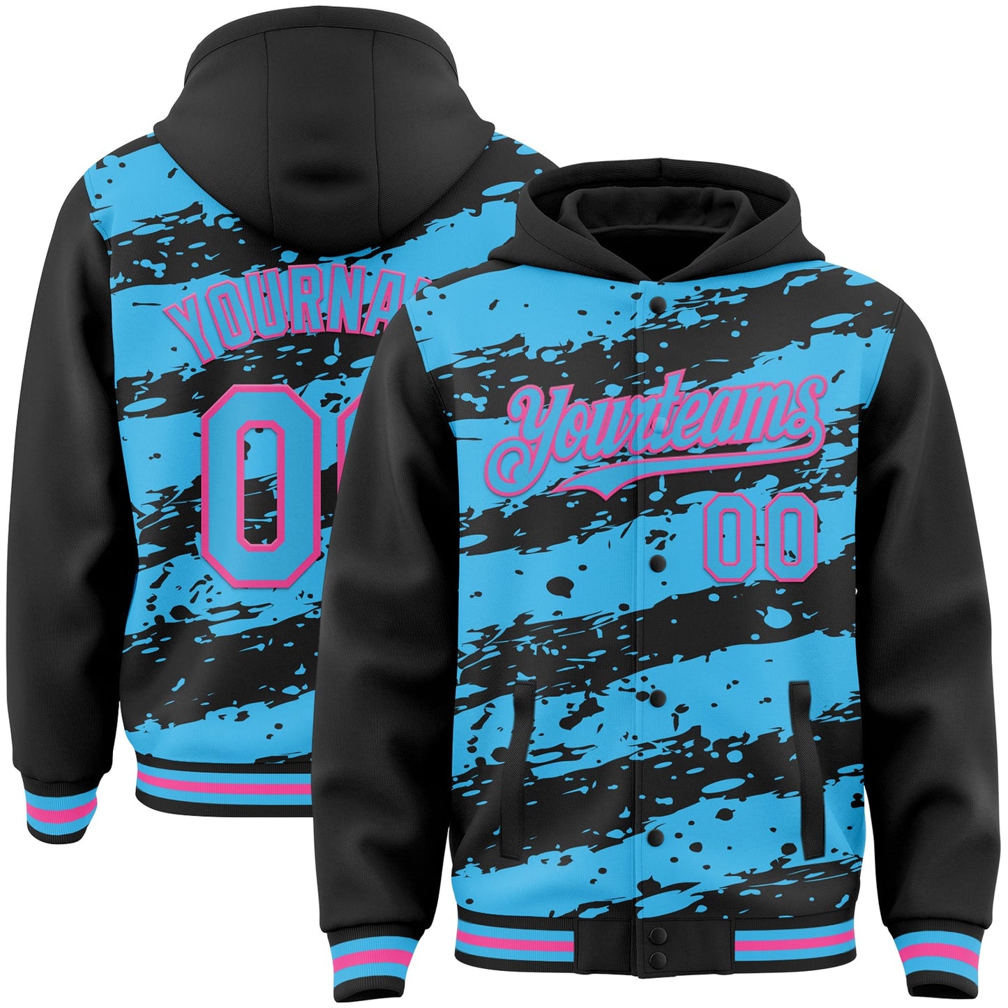 Custom Black Sky Blue-Pink Splash 3D Pattern Design Bomber Full-Snap Varsity Letterman Hoodie Jacket - Main View
