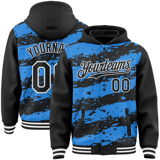 Custom Powder Blue Black-White Splash 3D Pattern Design Bomber Full-Snap Varsity Letterman Hoodie Jacket - Main View