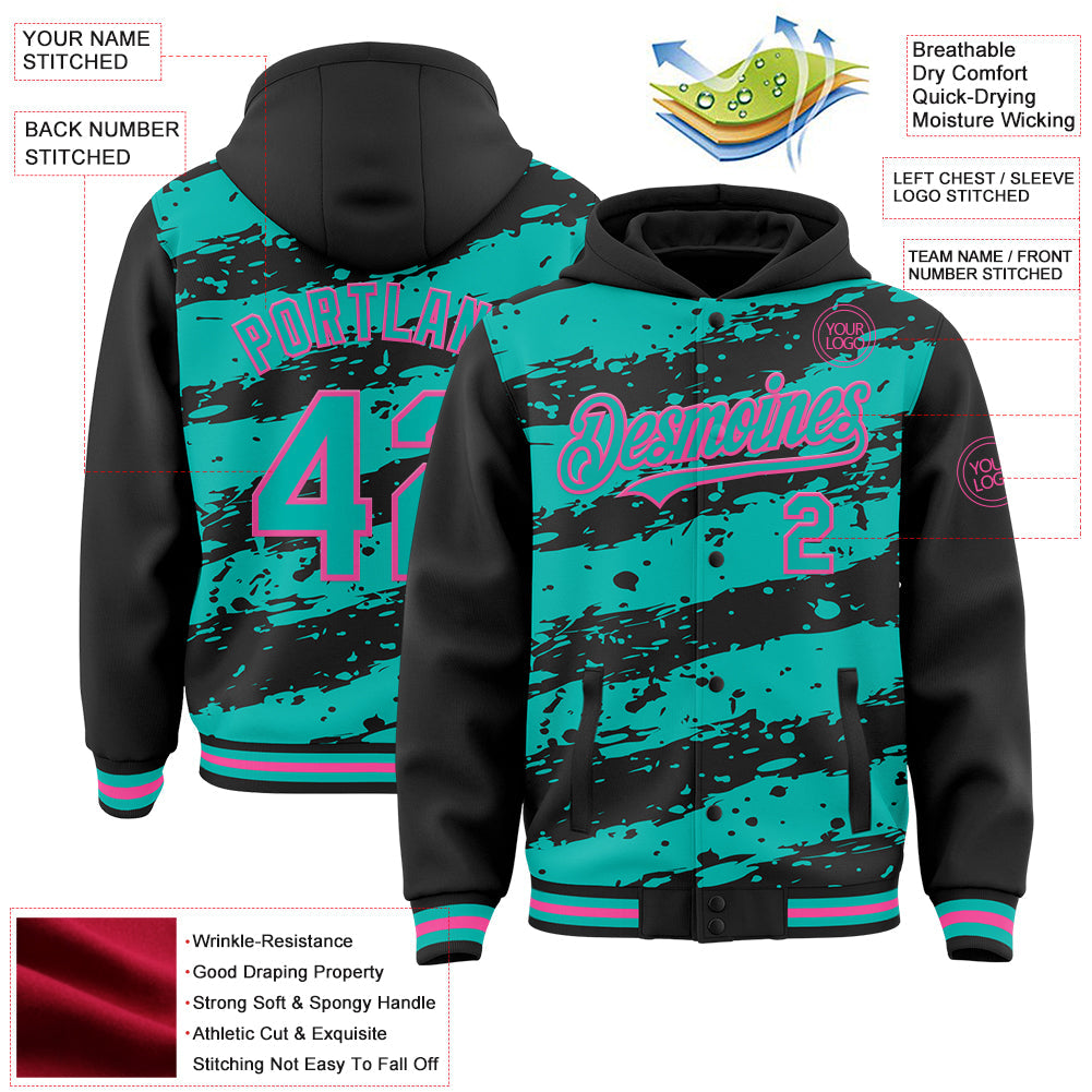 Custom Black Aqua-Pink Splash 3D Pattern Design Bomber Full-Snap Varsity Letterman Hoodie Jacket view 4