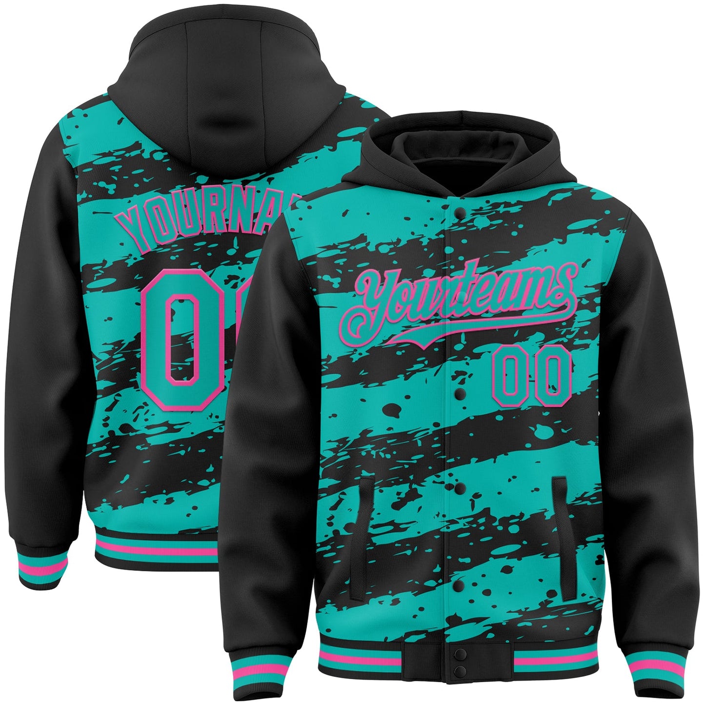 Custom Black Aqua-Pink Splash 3D Pattern Design Bomber Full-Snap Varsity Letterman Hoodie Jacket - Main View