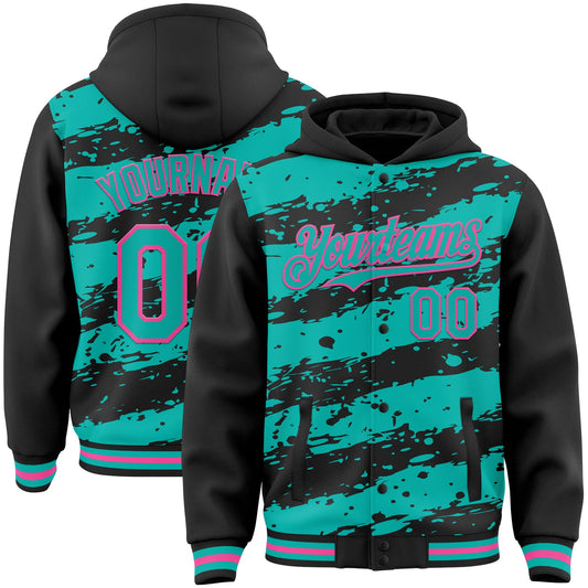 Custom Black Aqua-Pink Splash 3D Pattern Design Bomber Full-Snap Varsity Letterman Hoodie Jacket - Main View