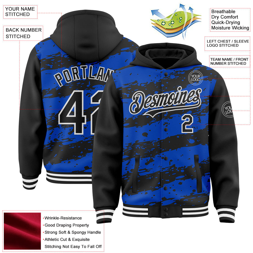 Custom Thunder Blue Black-White Splash 3D Pattern Design Bomber Full-Snap Varsity Letterman Hoodie Jacket view 4