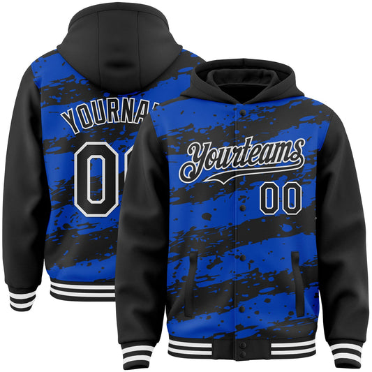 Custom Thunder Blue Black-White Splash 3D Pattern Design Bomber Full-Snap Varsity Letterman Hoodie Jacket - Main View