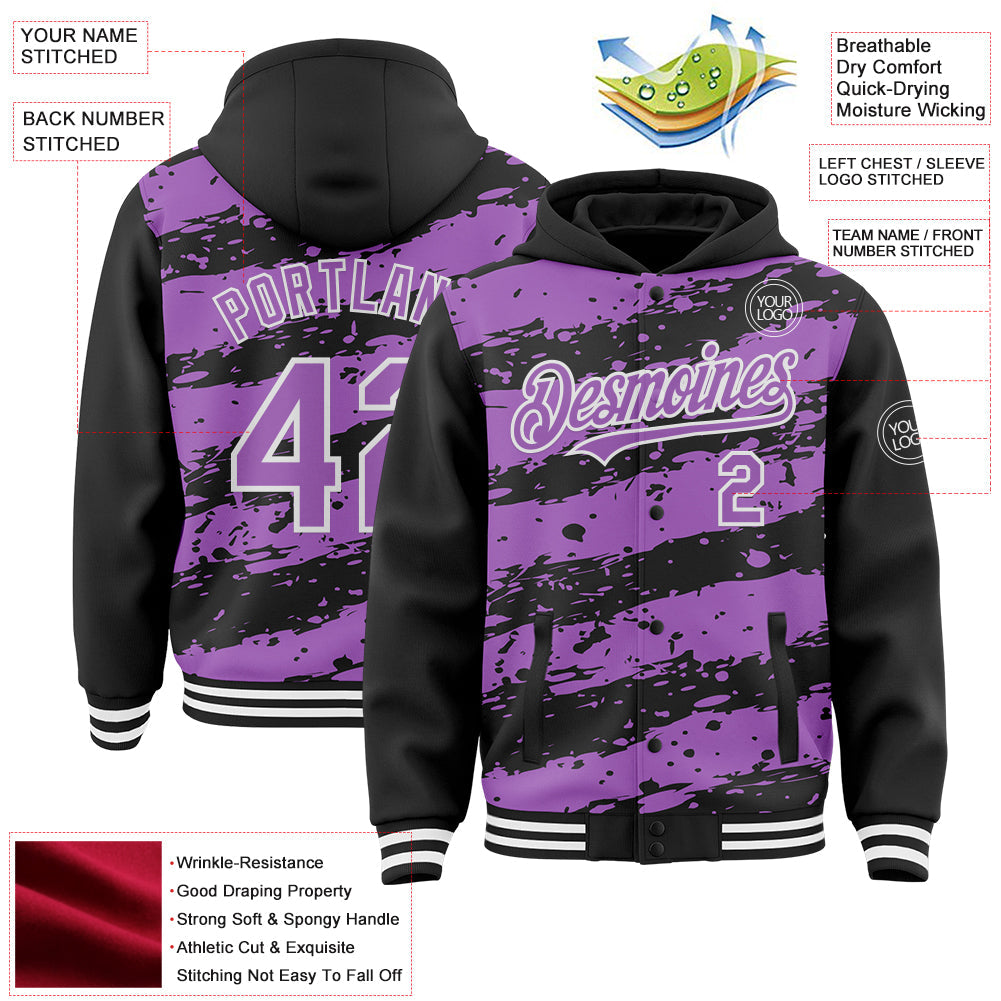 Custom Black Medium Purple-White Splash 3D Pattern Design Bomber Full-Snap Varsity Letterman Hoodie Jacket view 4