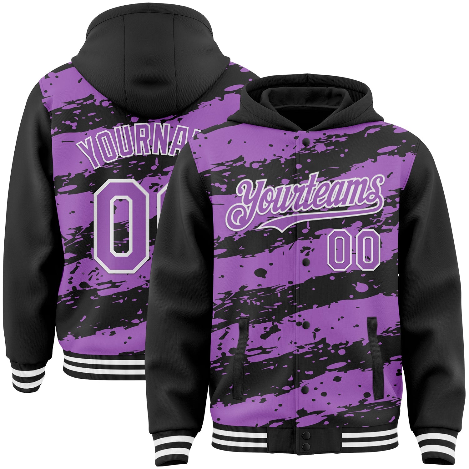 Custom Black Medium Purple-White Splash 3D Pattern Design Bomber Full-Snap Varsity Letterman Hoodie Jacket - Main View