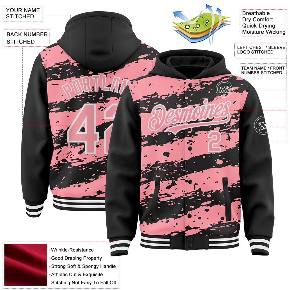 Custom Black Medium Pink-White Splash 3D Pattern Design Bomber Full-Snap Varsity Letterman Hoodie Jacket view 4