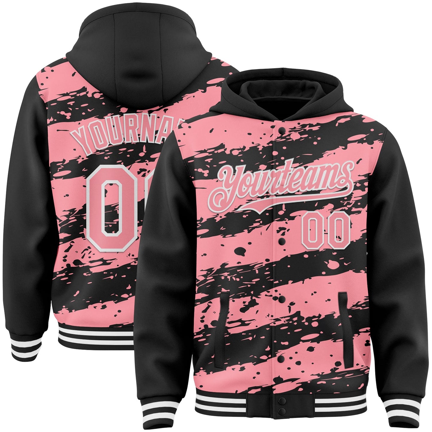 Custom Black Medium Pink-White Splash 3D Pattern Design Bomber Full-Snap Varsity Letterman Hoodie Jacket - Main View