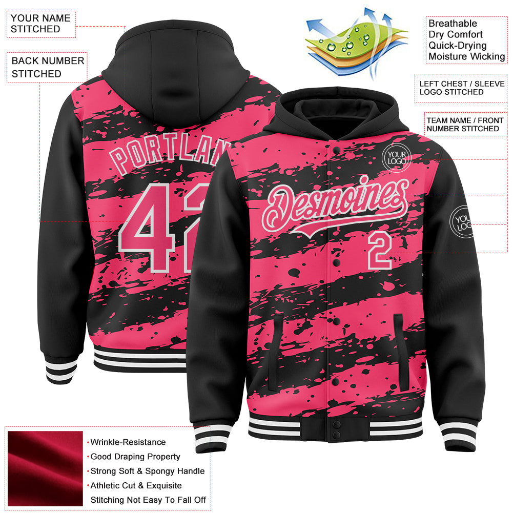 Custom Black Neon Pink-White Splash 3D Pattern Design Bomber Full-Snap Varsity Letterman Hoodie Jacket view 4