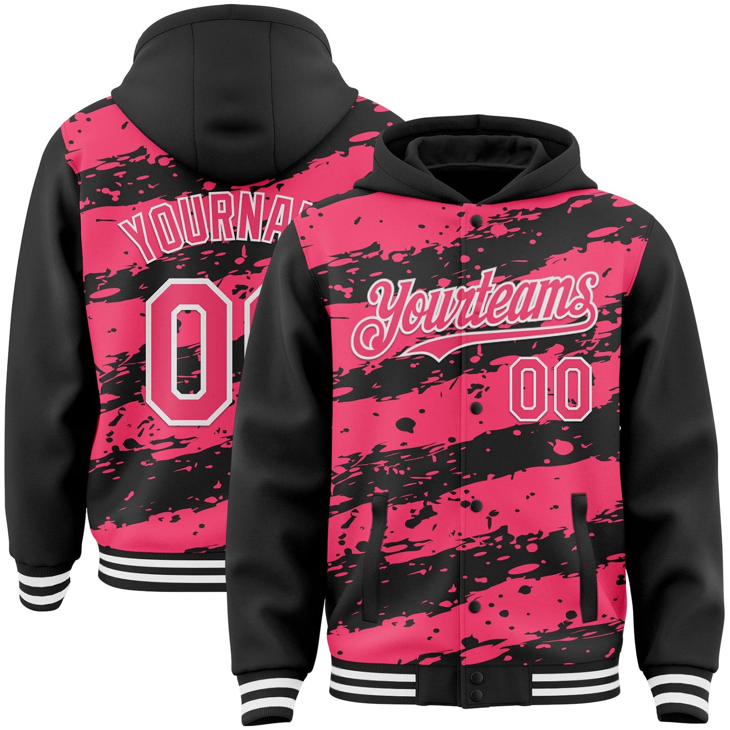 Custom Black Neon Pink-White Splash 3D Pattern Design Bomber Full-Snap Varsity Letterman Hoodie Jacket - Main View