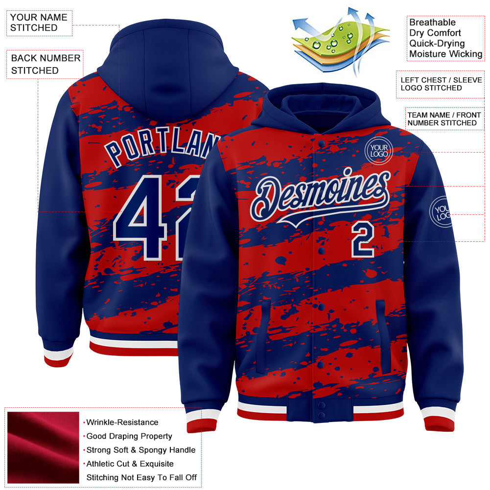 Custom Red Royal-White Splash 3D Pattern Design Bomber Full-Snap Varsity Letterman Hoodie Jacket view 4