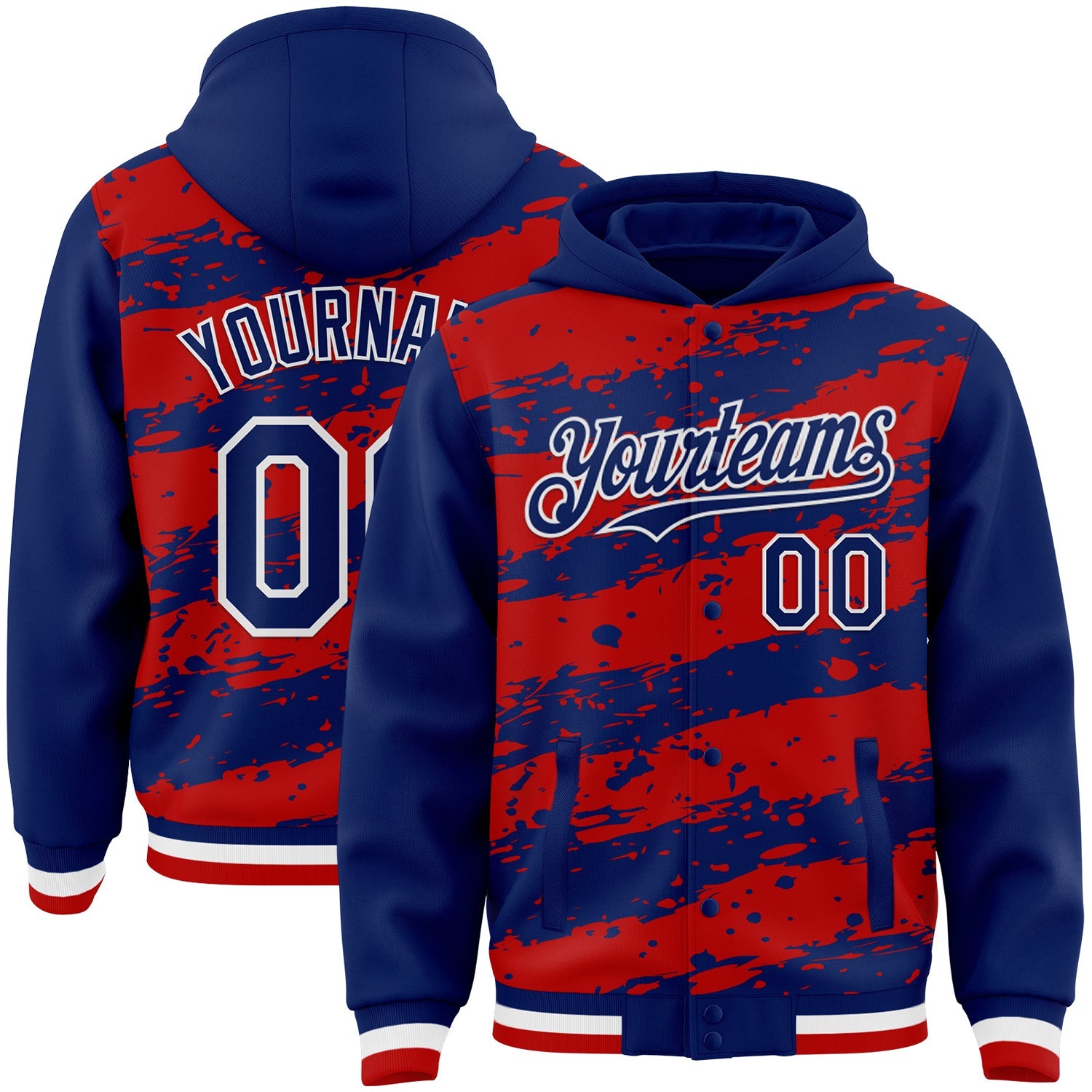 Custom Red Royal-White Splash 3D Pattern Design Bomber Full-Snap Varsity Letterman Hoodie Jacket - Main View