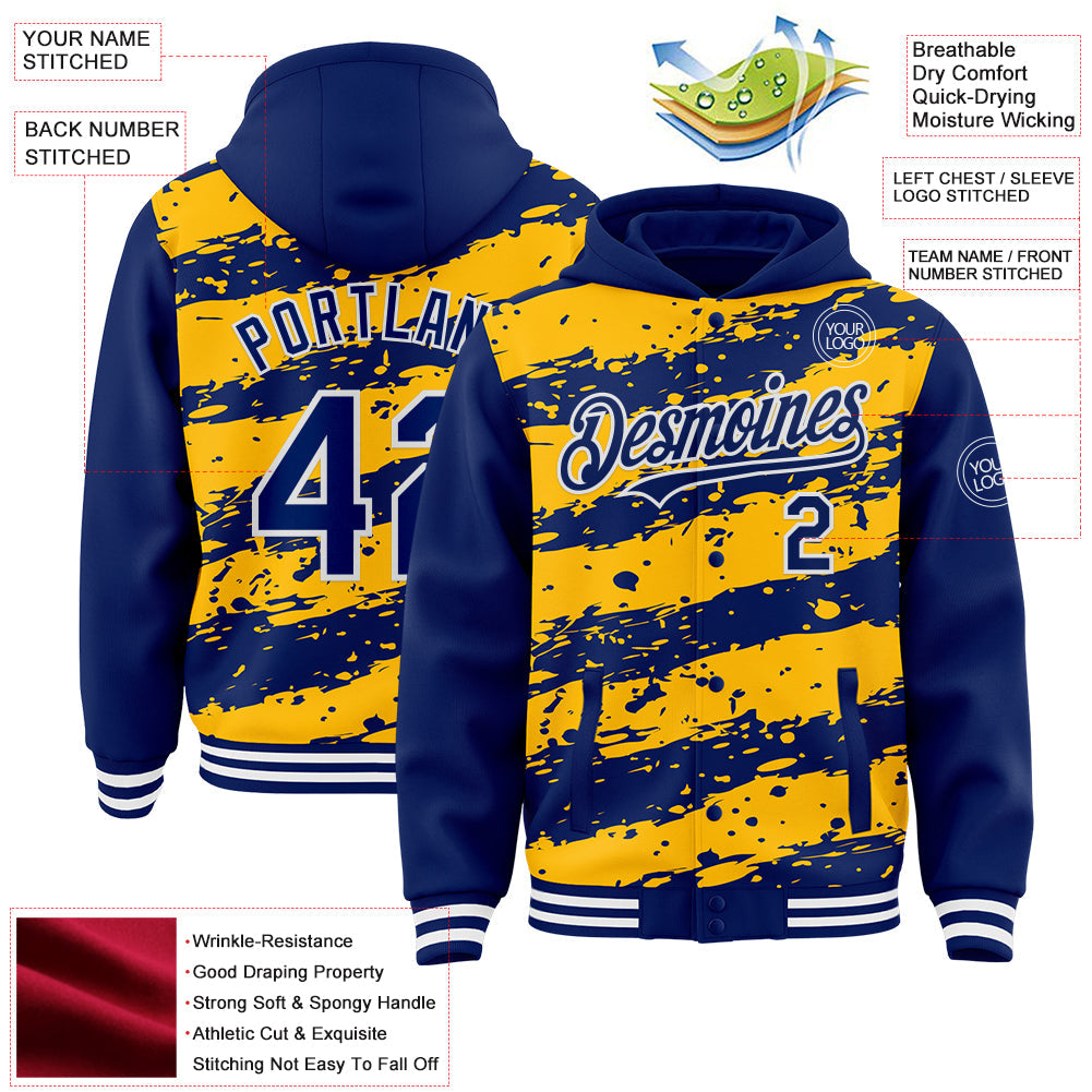 Custom Gold Royal-White Splash 3D Pattern Design Bomber Full-Snap Varsity Letterman Hoodie Jacket view 4