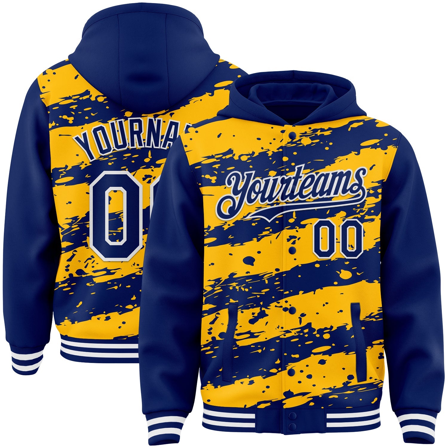 Custom Gold Royal-White Splash 3D Pattern Design Bomber Full-Snap Varsity Letterman Hoodie Jacket - Main View