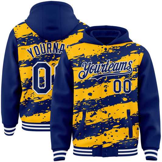 Custom Gold Royal-White Splash 3D Pattern Design Bomber Full-Snap Varsity Letterman Hoodie Jacket - Main View