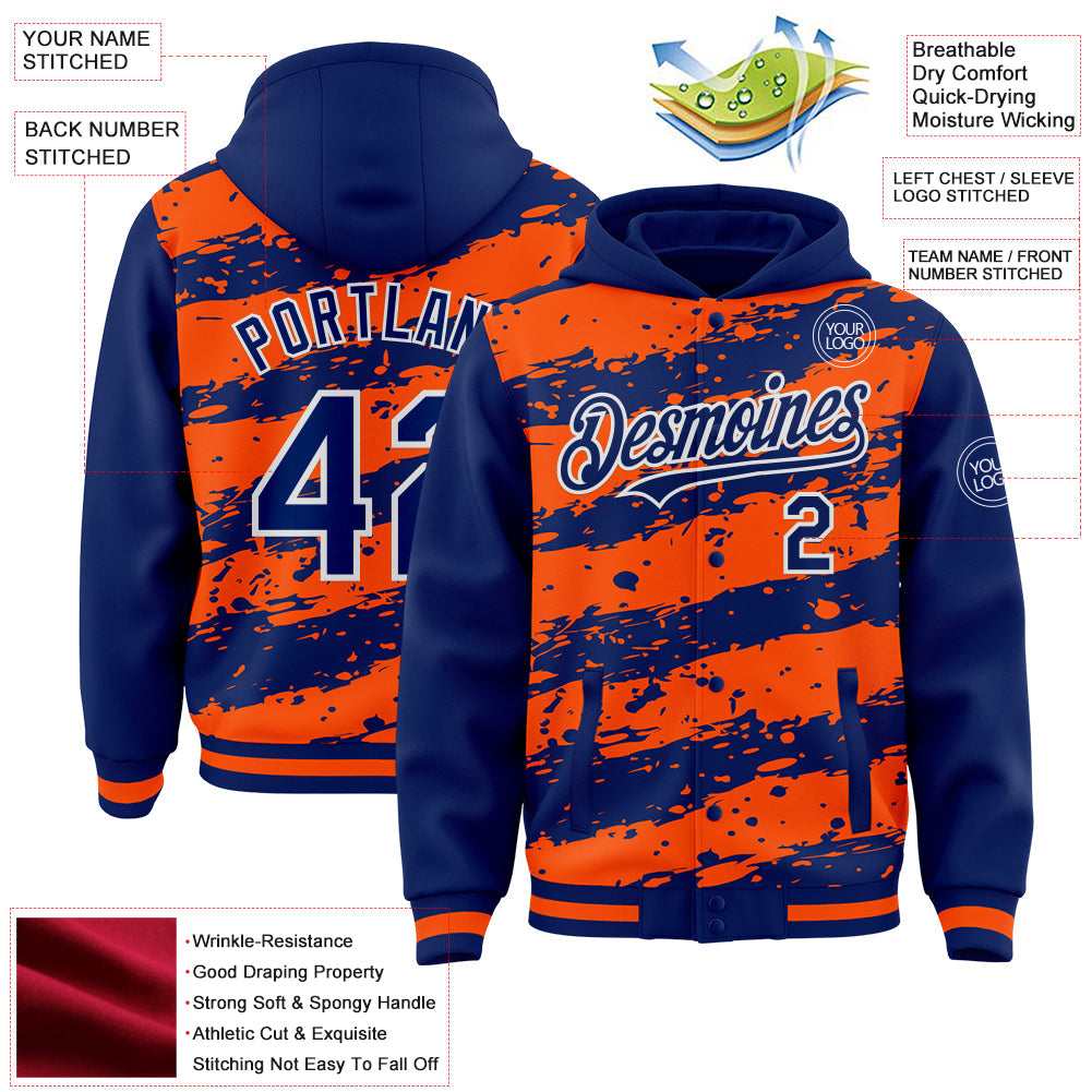 Custom Orange Royal-White Splash 3D Pattern Design Bomber Full-Snap Varsity Letterman Hoodie Jacket view 4
