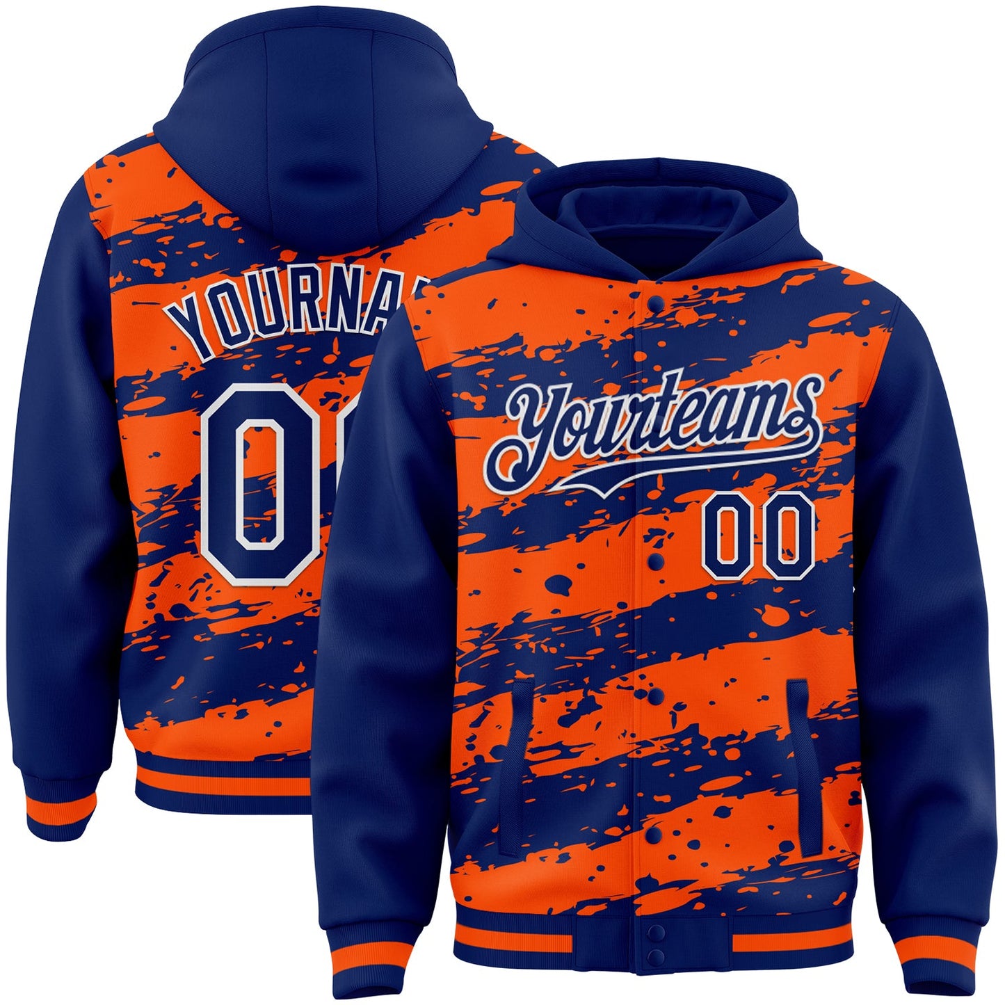 Custom Orange Royal-White Splash 3D Pattern Design Bomber Full-Snap Varsity Letterman Hoodie Jacket - Main View